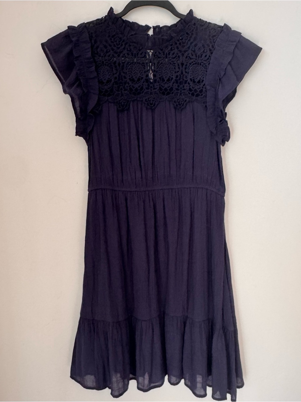 Blu Pepper Navy Crochet Lace Boho Mock Neck Tiered Flutter Cap Sleeve Dress L